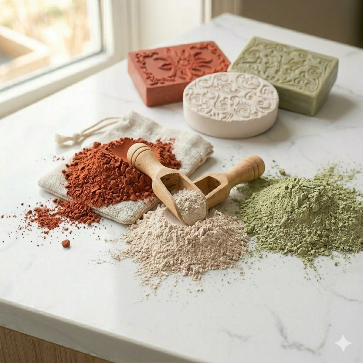 Arcilla cosmética verde, roja y blanca