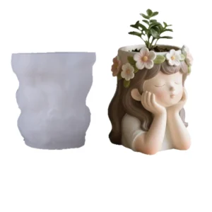 Molde de silicona maceta niña con flores.