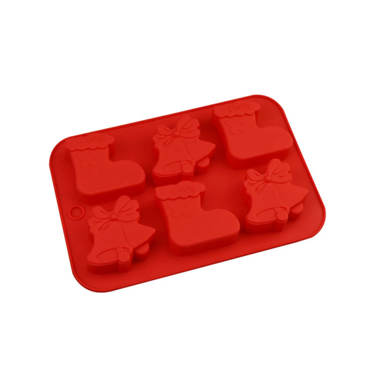 Molde de silicona para jabones navideño con diseño de botas y campanas.